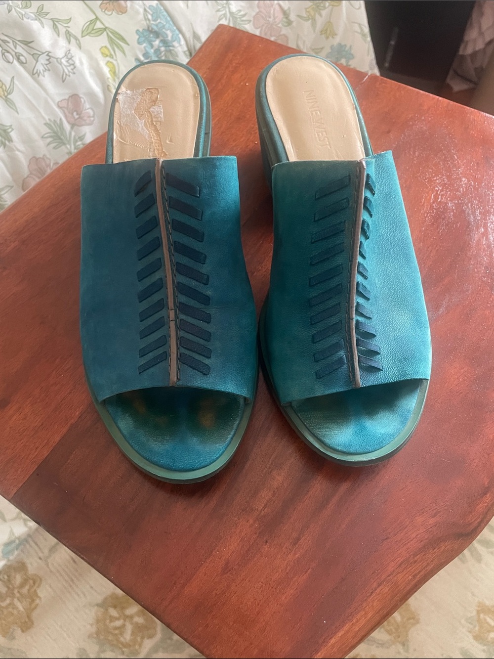Nine West Teal Suede Open-Toe Slide Mules